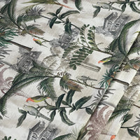 Thumbnail for Jungle-themed fabric with green foliage, birds, and old buildings