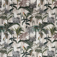 Thumbnail for Decorative textile featuring tropical foliage and historic architecture