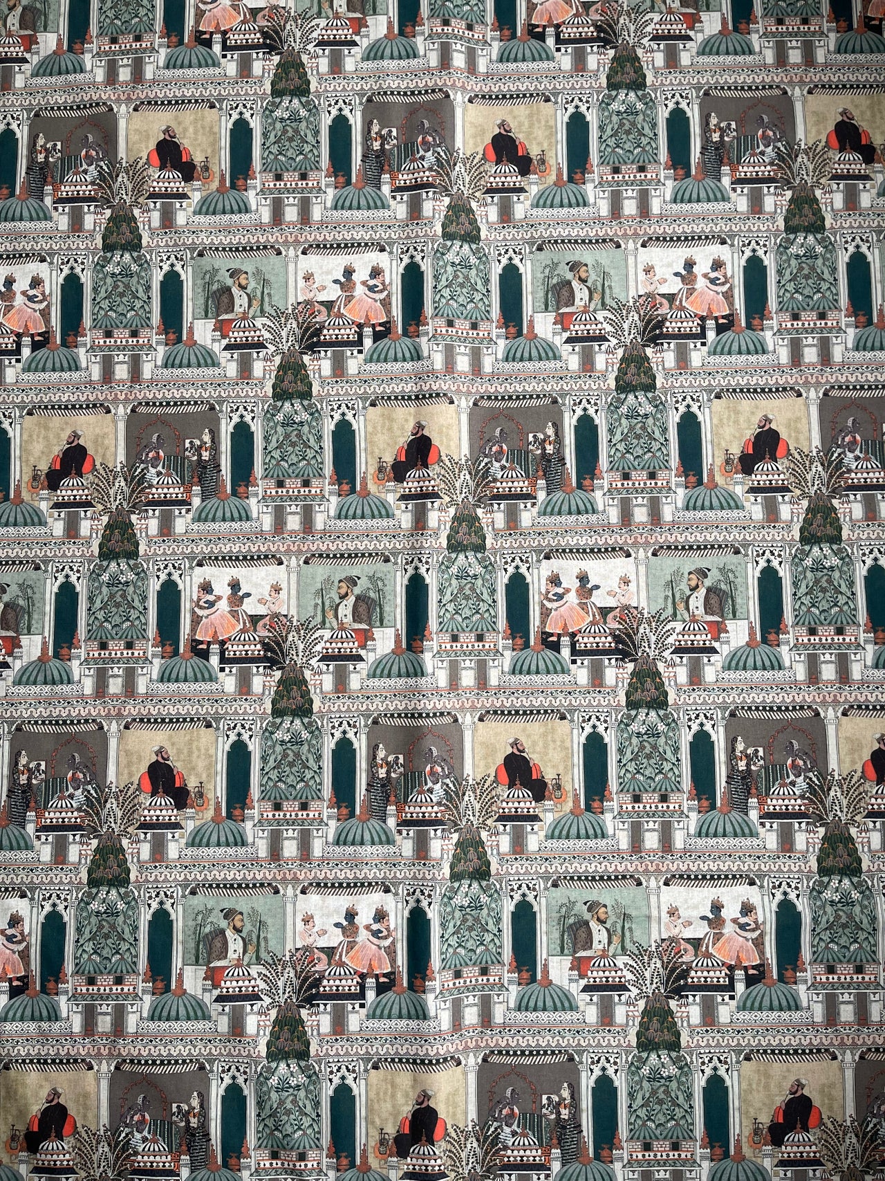 Heritage scene fabric in warm terracotta and sage tones