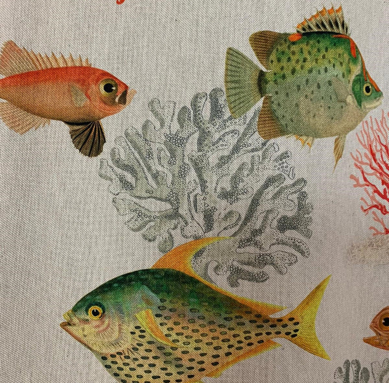 Oceanic print fabric styled for a beach house