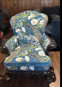 Thumbnail for Decorative armchair with floral and peacock pattern in a room setting.