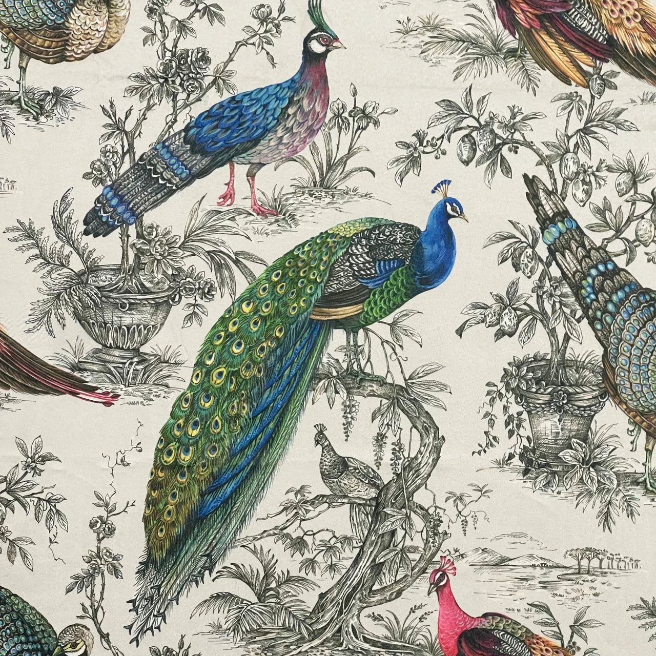 Printed velvet upholstery fabric with peacock and floral pattern