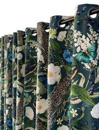 Thumbnail for Green botanical curtain with peacock design.