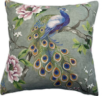 Thumbnail for Decorative peacock cushion with floral pattern and velvet pillows.