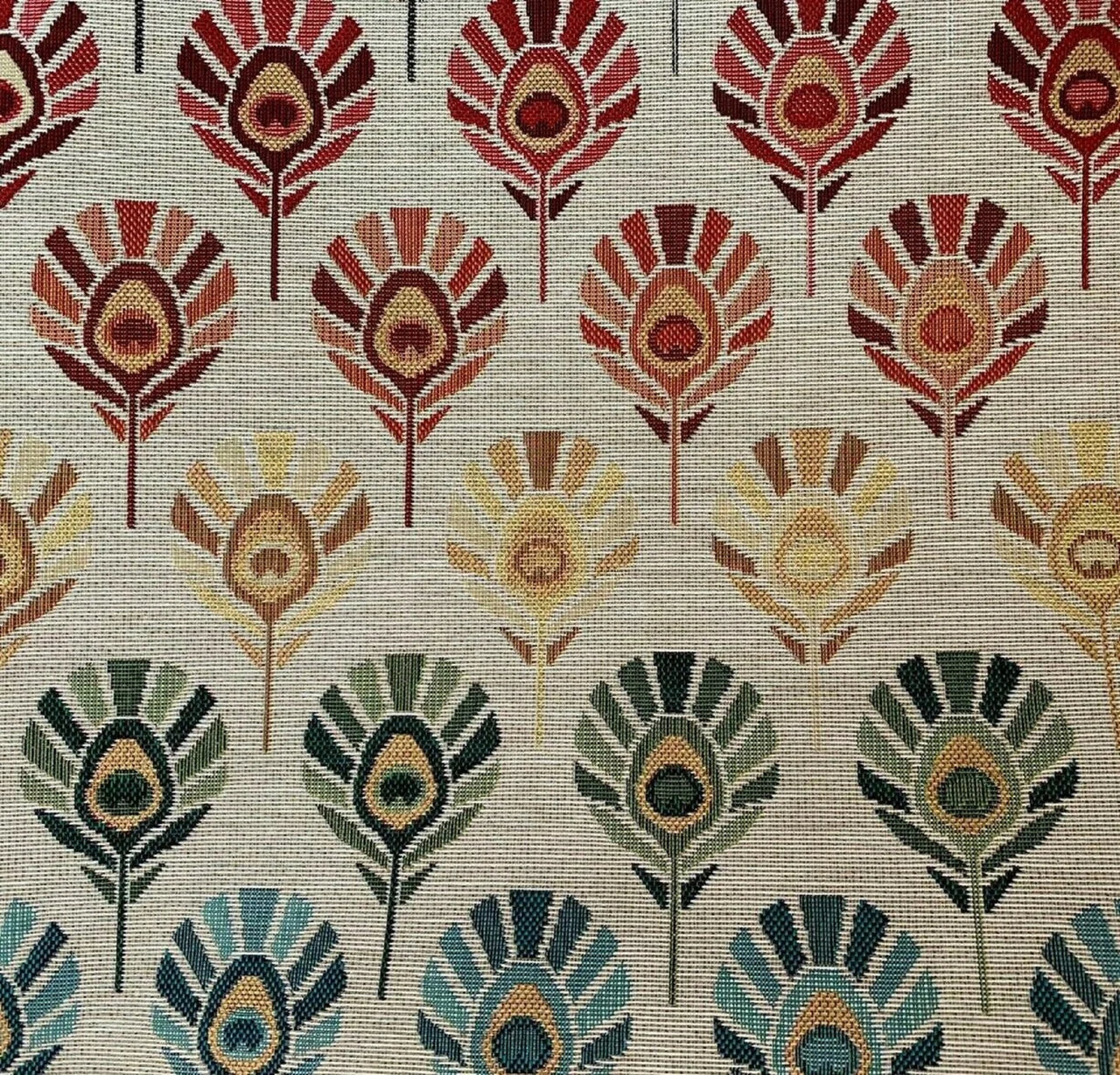 Patterned fabric with peacock feather design in various colors on a neutral background