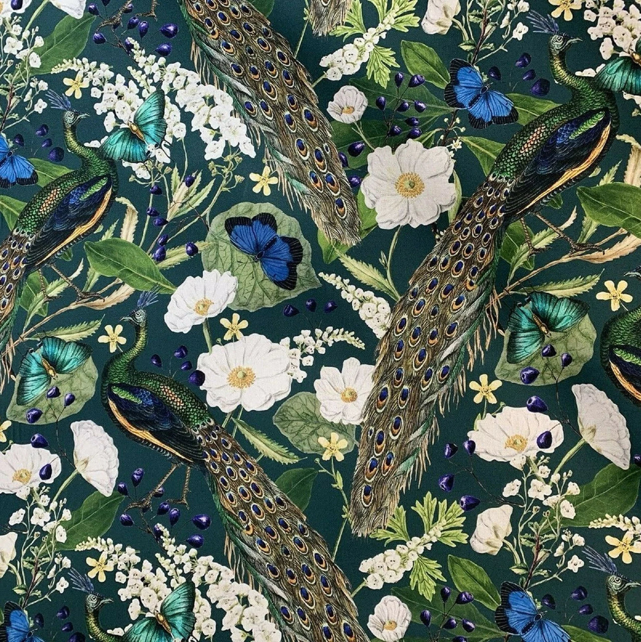 Green curtain fabric with wildlife pattern.

