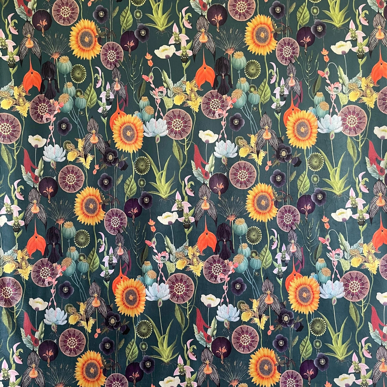 Colorful floral pattern on a dark green background