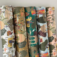 Thumbnail for Five rolled fabrics featuring the Regalia Mughal pattern in various colorways including emerald, ochre, blush, and ivory.