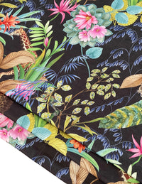 Thumbnail for Black fabric with colorful botanical and animal patterns.