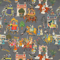 Thumbnail for Grey cotton fabric with Indian Maharaja procession design featuring elephants and horses
