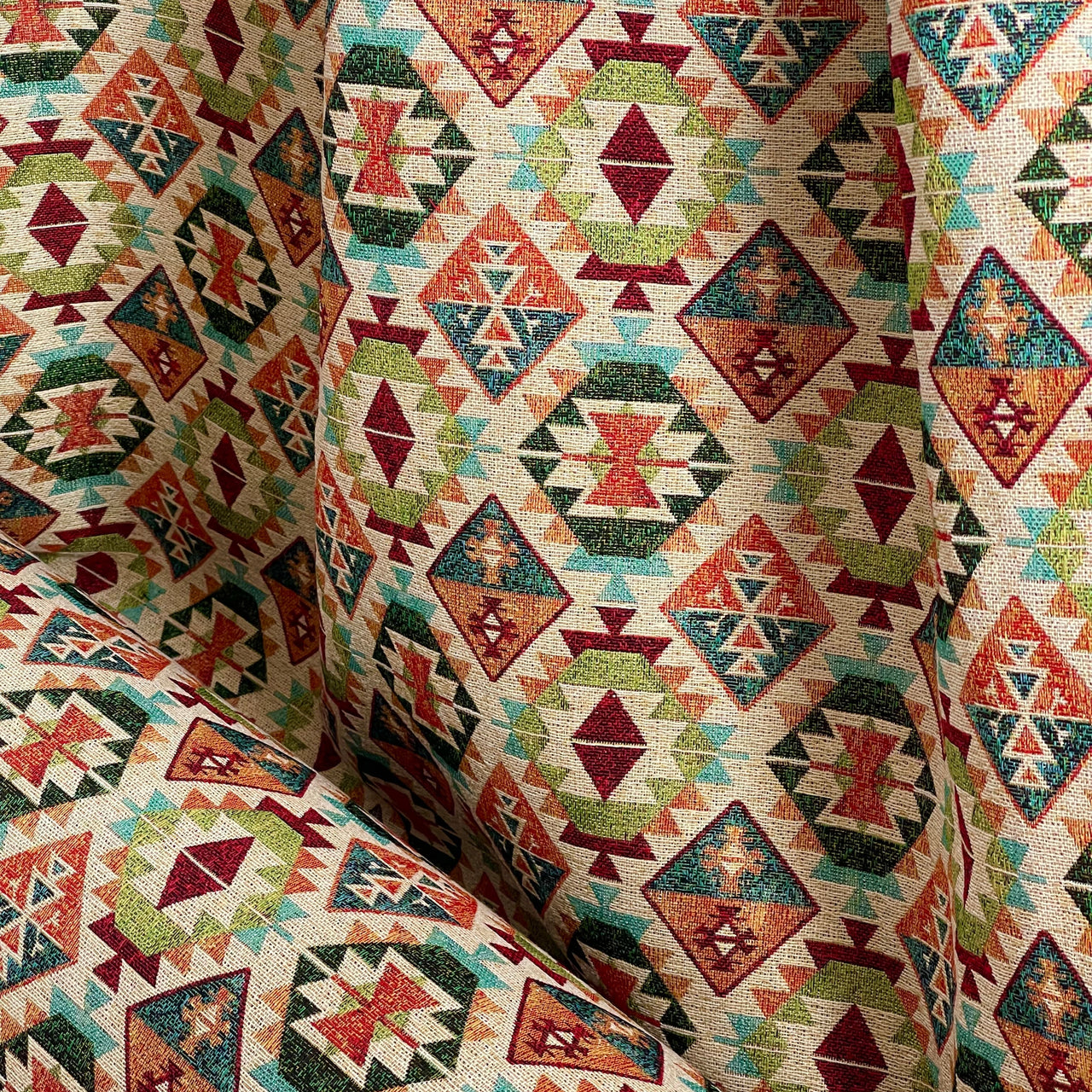 Kilim woven fabric in red, green, and beige geometric pattern