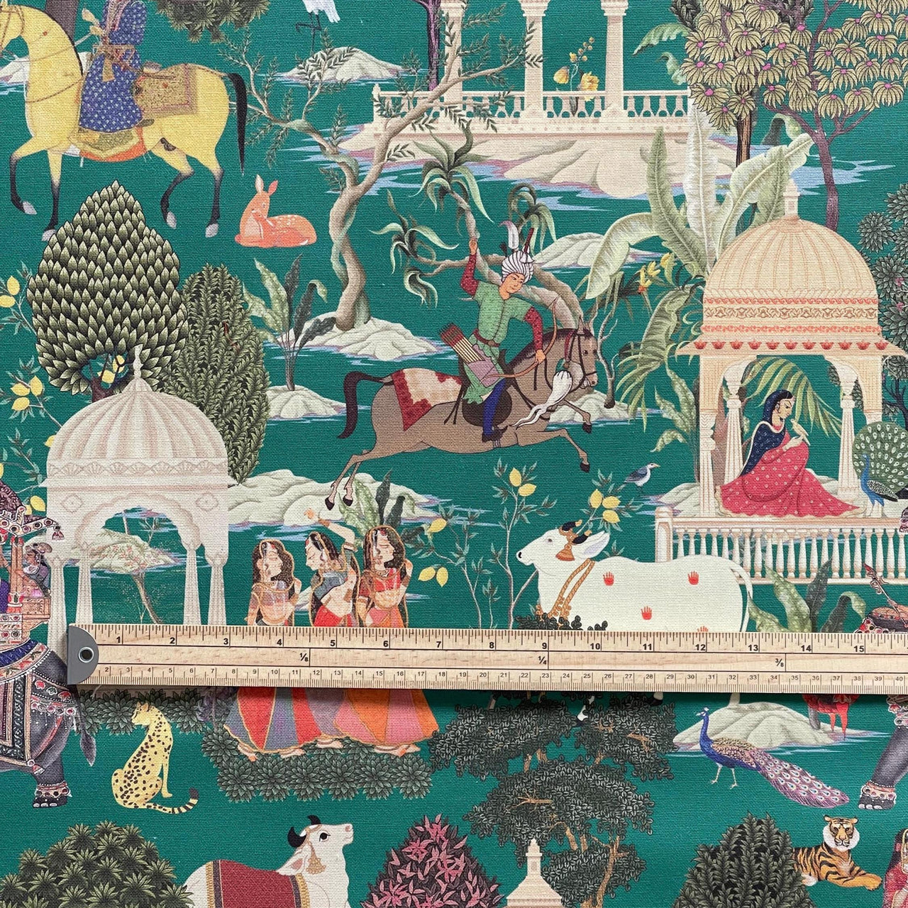 Indian palace scene captured in textile art on 100% cotton fabric with jungle flora and fauna.