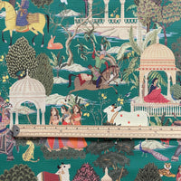 Thumbnail for Indian palace scene captured in textile art on 100% cotton fabric with jungle flora and fauna.