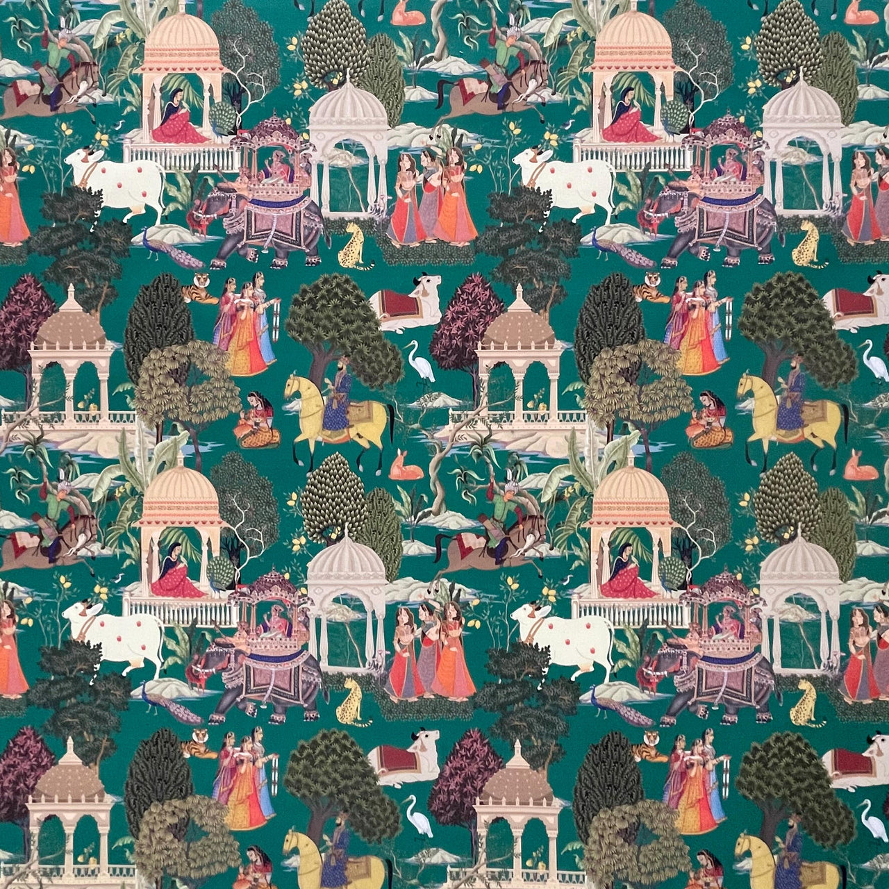 Custom curtain project inspiration using emerald Regalia fabric with bold design motifs.

