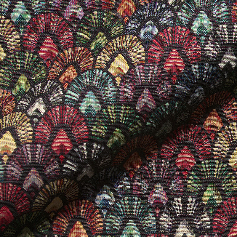 Black woven upholstery fabric with colorful retro arches.