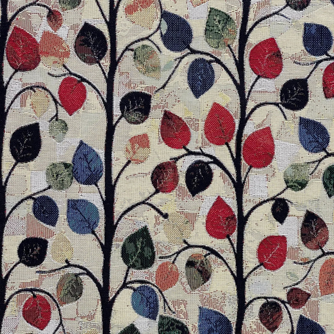 Spanish gobelin upholstery fabric featuring colourful tree branches and leaves