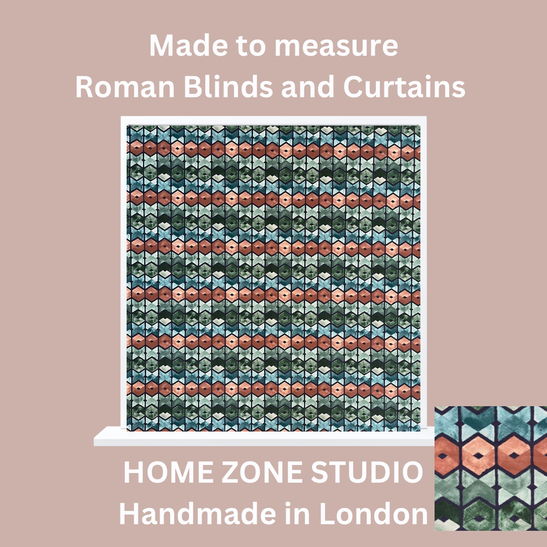 Patterned roman blind with 'Made to measure Roman Blinds and Curtains' text and 'Home Zone Studio' branding on a beige background.
