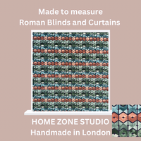 Thumbnail for Patterned roman blind with 'Made to measure Roman Blinds and Curtains' text and 'Home Zone Studio' branding on a beige background.