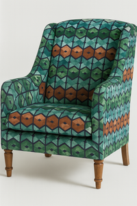 Thumbnail for Patterned armchair with green and brown geometric design on a white background