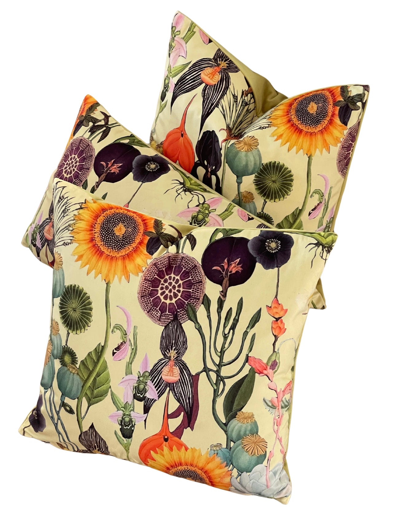Two decorative pillows with floral and nature-themed patterns on a beige background.