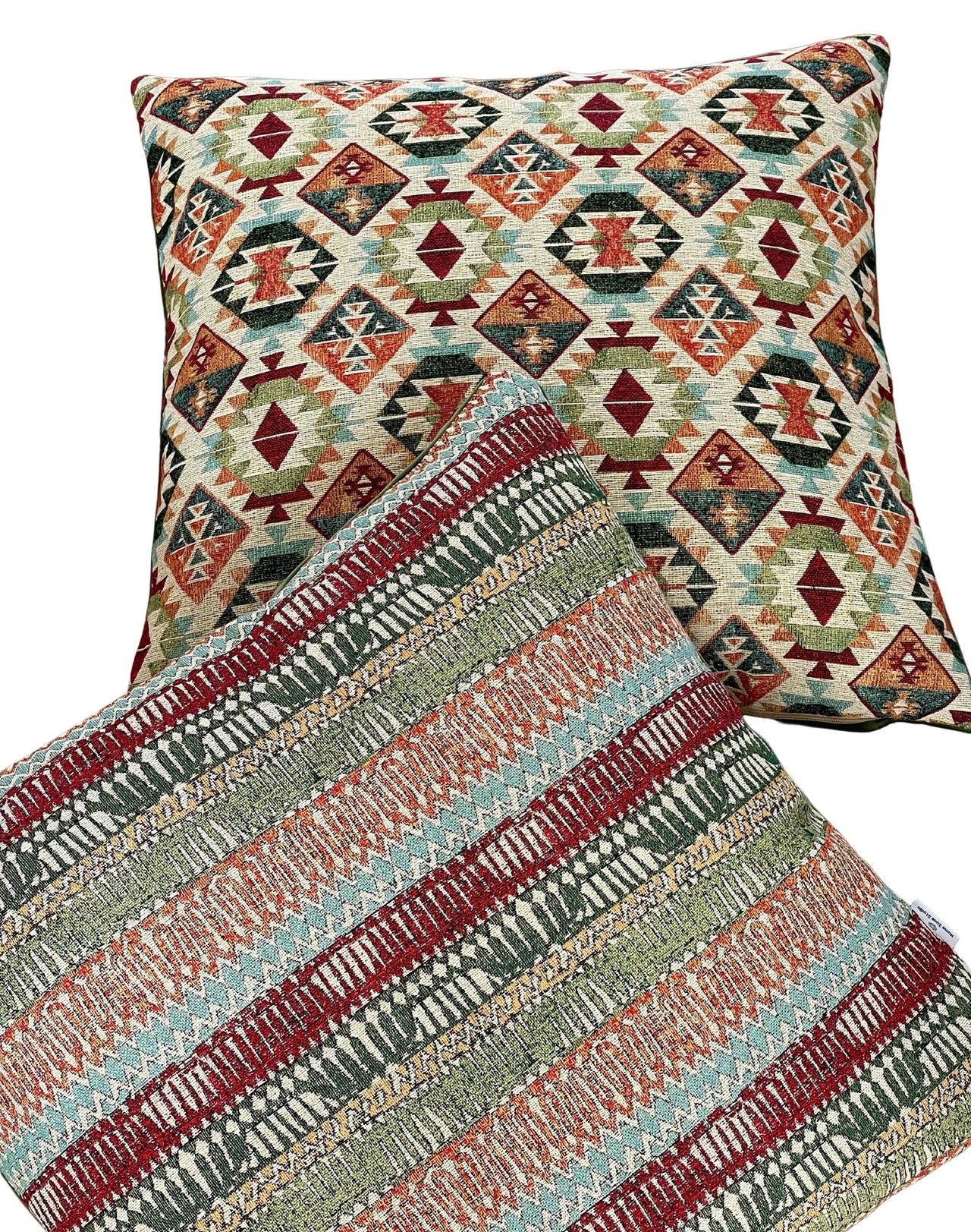 Boho decorative pillow with red and beige tones