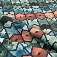 Thumbnail for Retro geometric fabric in blue, teal, green, and brown