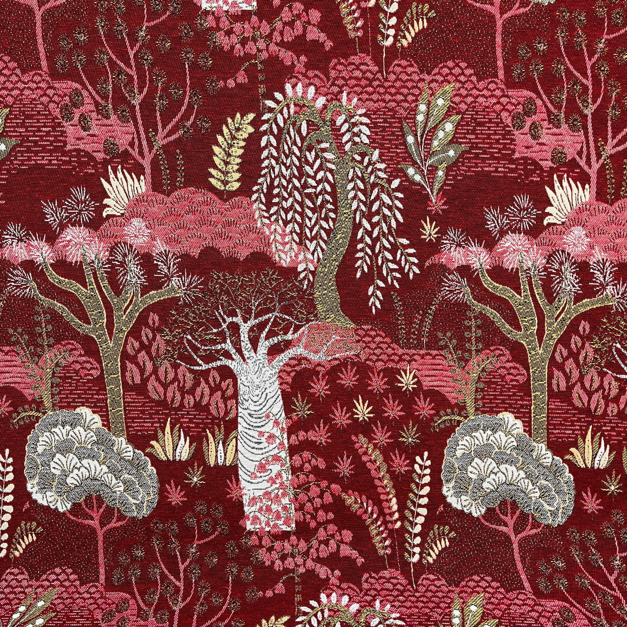 Ruby and gold fabric for upholstery and decor