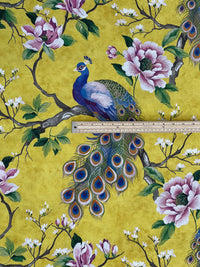 Thumbnail for Fabric with peacock and floral design on a yellow background, measured with a ruler.
