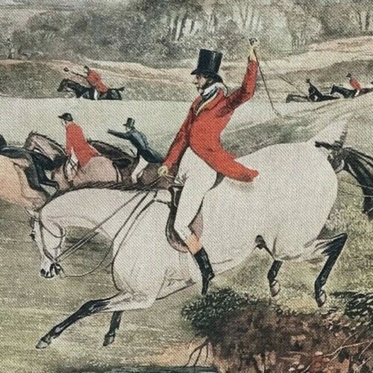Vintage fabric  illustration of a horse race with jockeys on horses.