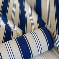Thumbnail for Riviera navy blue and beige striped cotton-blend fabric displayed on the roll