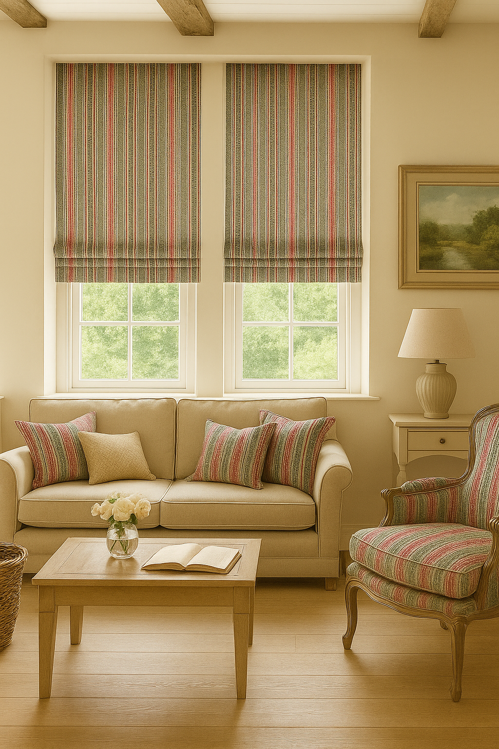 Living room with striped curtains, beige sofa, and armchair.