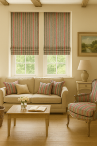 Thumbnail for Living room with striped curtains, beige sofa, and armchair.