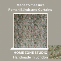Thumbnail for Patterned roman blind with 'Made to measure Roman Blinds and Curtains' text and 'Home Zone Studio' branding.