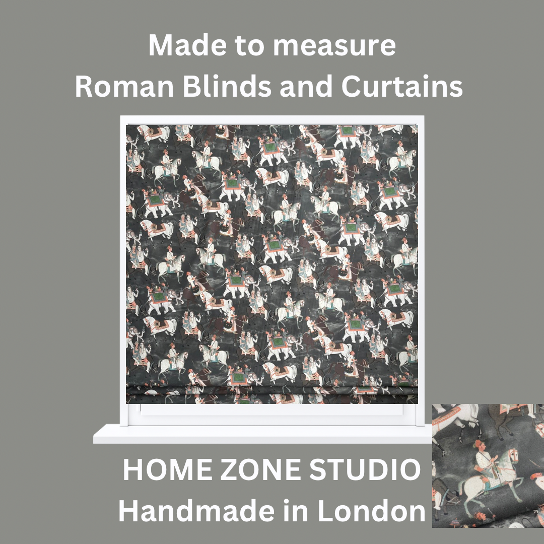 Roman blind with horse pattern on a gray background, featuring text about Home Zone Studio.