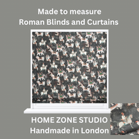 Thumbnail for Roman blind with horse pattern on a gray background, featuring text about Home Zone Studio.