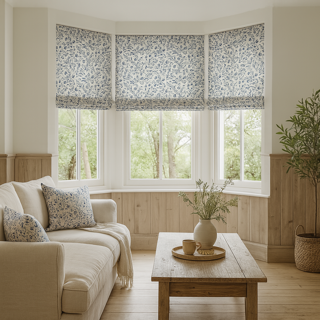 Living room with floral-patterned roman blinds, beige sofa, wooden coffee table, and decorative elements.