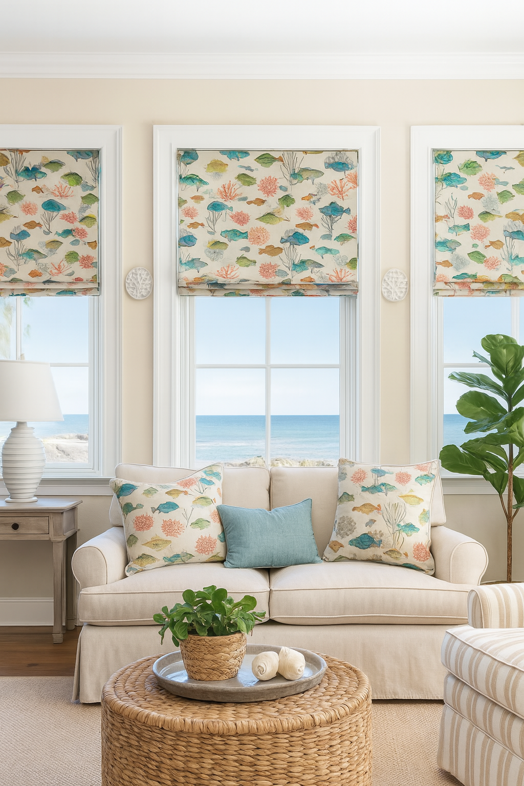 Fish and coral cotton fabric styled for coastal interiors