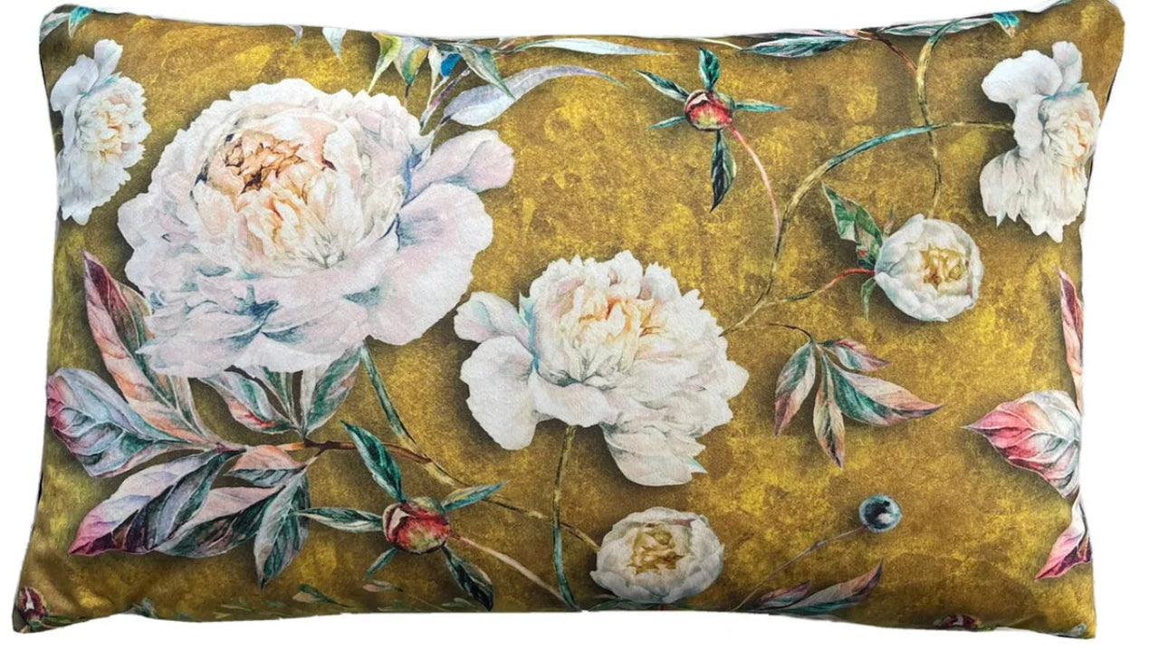 Peony rose botanical print on velvet fabric.