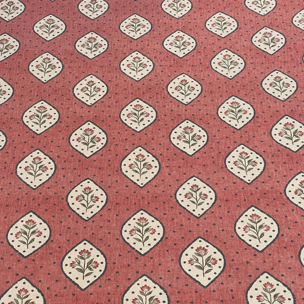Traditional interior fabric with floral medallions and dotted detail
