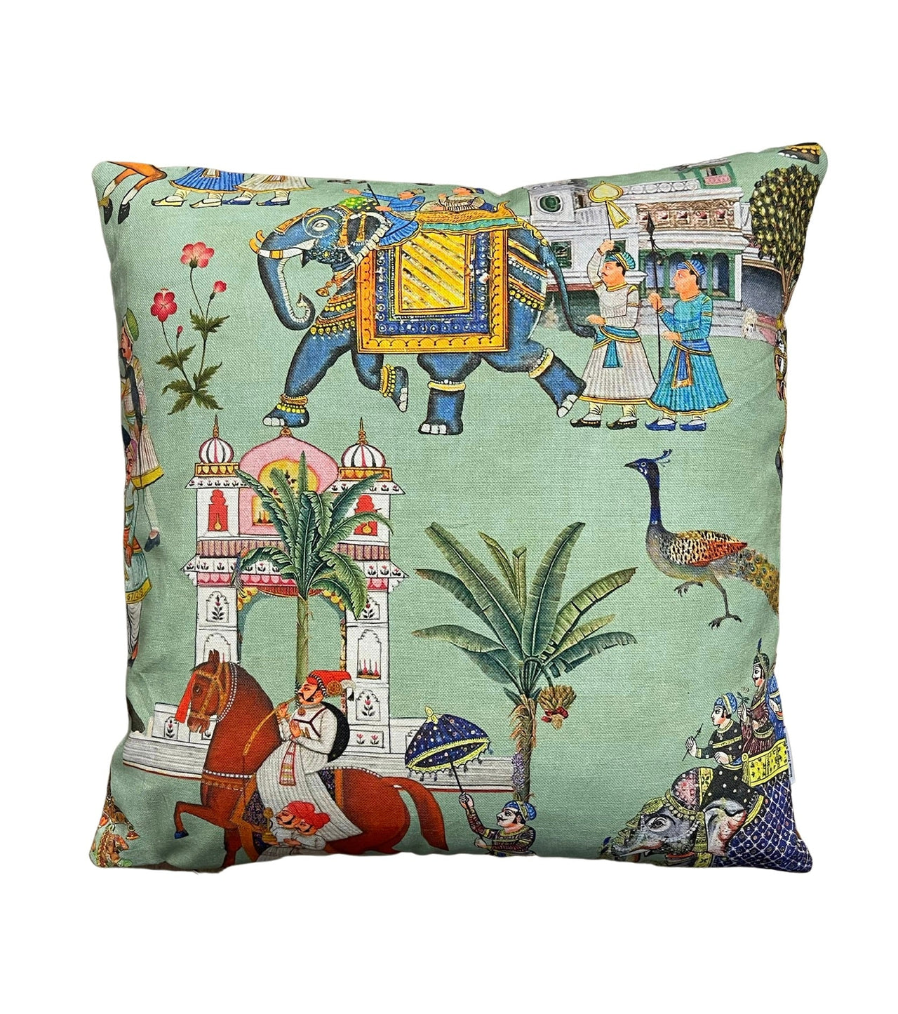 Vintage-Style Cotton Cushion with Indian Elephant Rider and Palm Tree Print – Artisan Home Decor