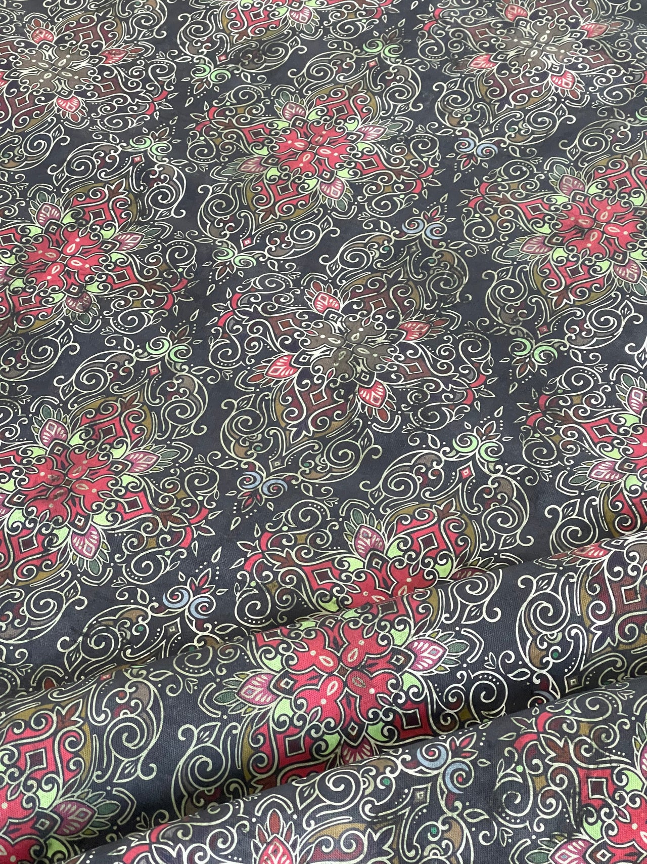 High-resolution texture shot of Persian carpet-inspired cotton

