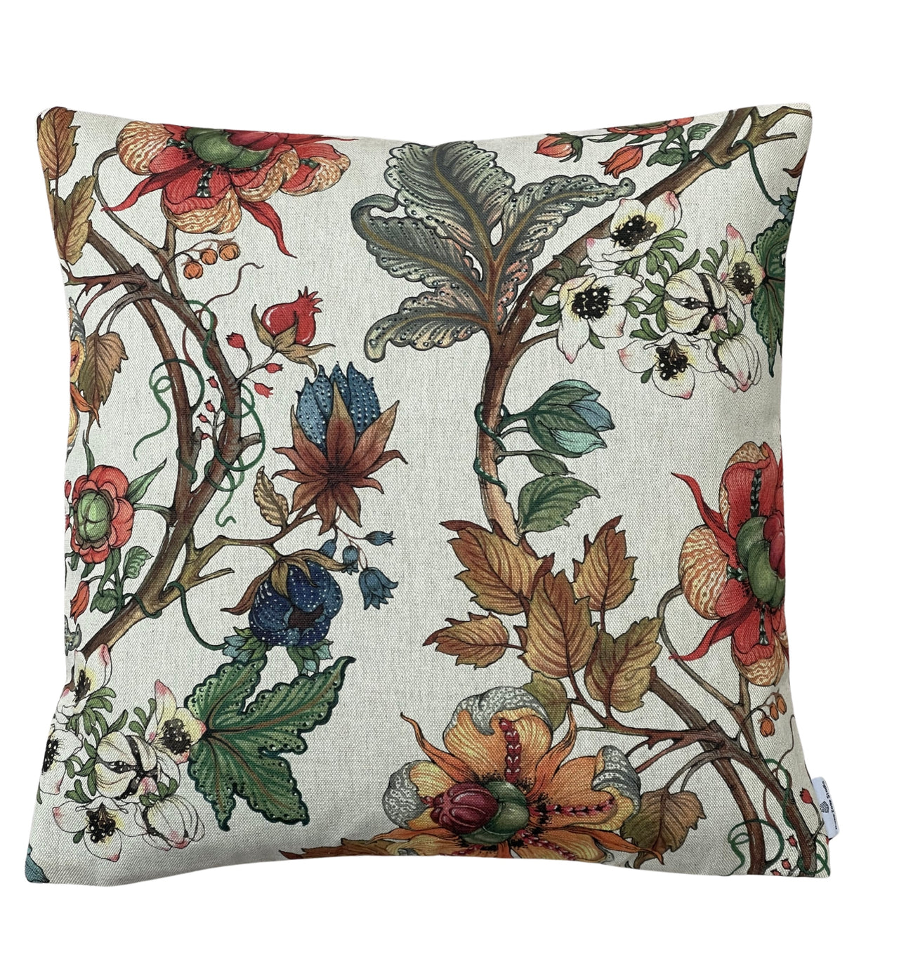 Linen-look floral cushion cover with detailed heritage garden flowers and winding foliage.
