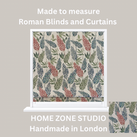 Thumbnail for Roman blind with floral pattern on a gray background, featuring text about Home Zone Studio.
