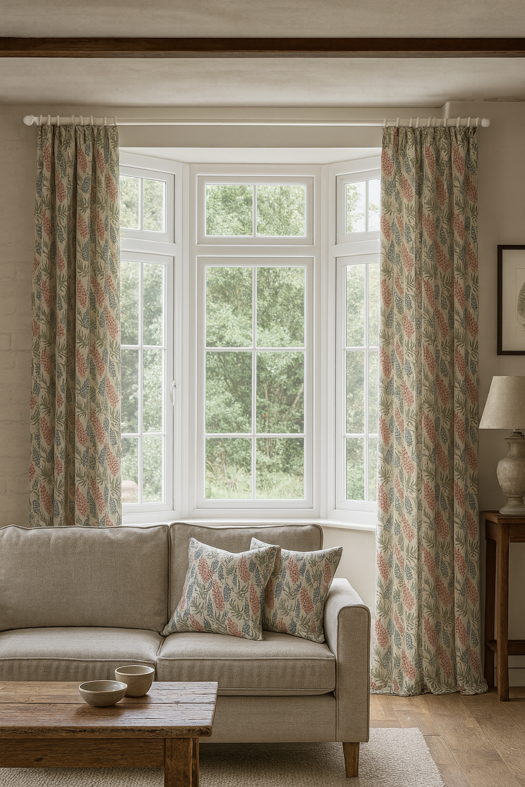 Botanical print curtains in Scandinavian-style interior

