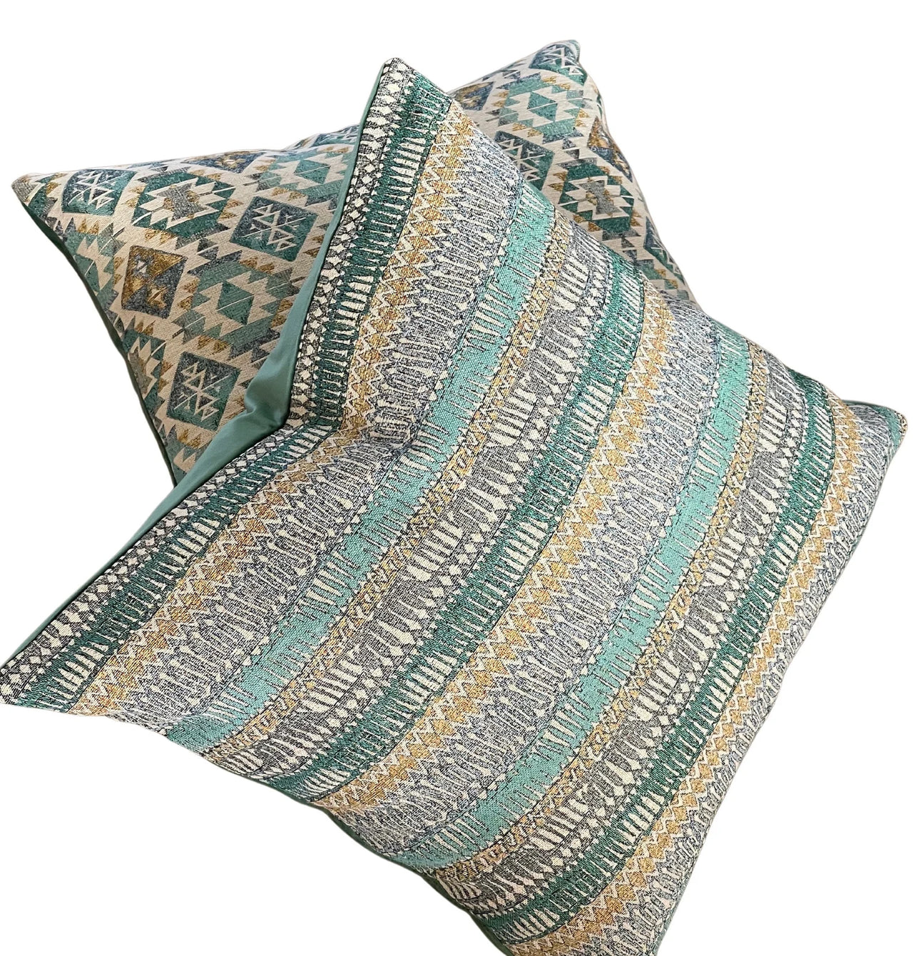 Ethnic striped cushion cover in turquoise and gold