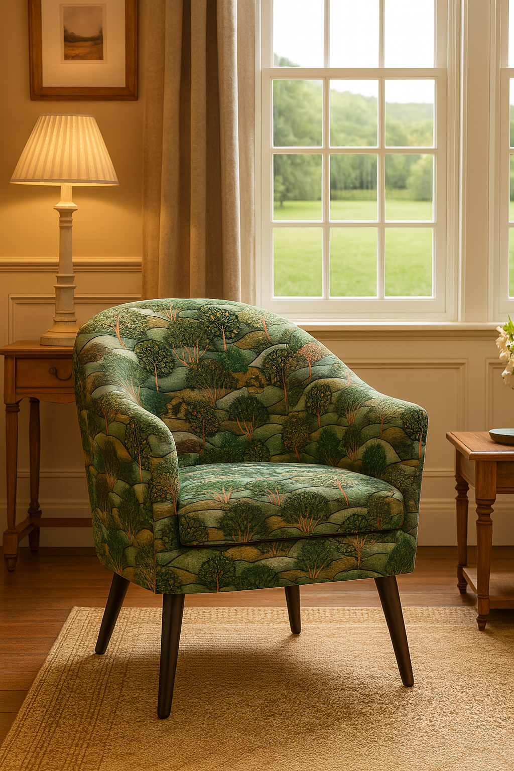 Country-style living room featuring a poster armchair upholstered in green apple tree pattern fabric.
