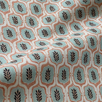 Thumbnail for Teal medallion trellis print with brown leaf motifs.
