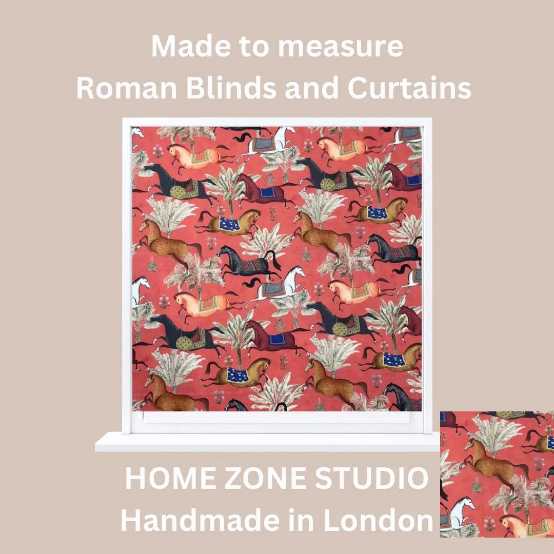 Roman blind with horse and floral pattern on a pink background, displayed against a beige wall.