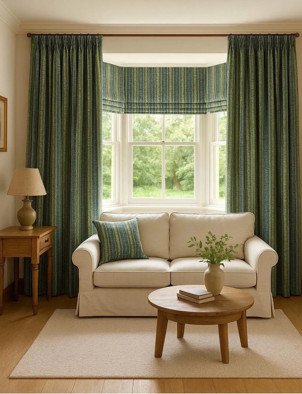 Made-to-measure sage green curtains and Roman blind in patterned stripe fabric – custom window treatments shown in a modern country living room setting