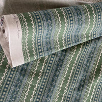 Thumbnail for Sage Country fabric roll in green and blue tribal stripe pattern – medium-weight cotton ideal for custom curtains, blinds, cushions, and home decor projects